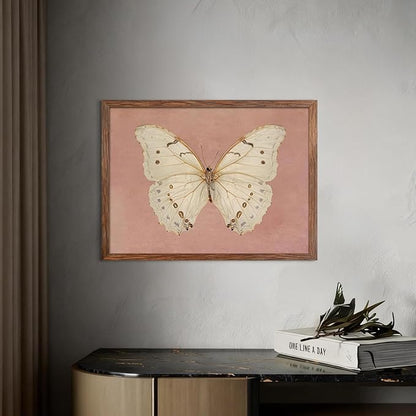 Framed Butterfly Canvas Wall Art, Pink Vintage Neutral Moody Insect Wall Decor Pictures, Antique White Moth Prints Paintings Aesthetic Posters for Living Room Bedroom Bathroom Office 8x10 Inch