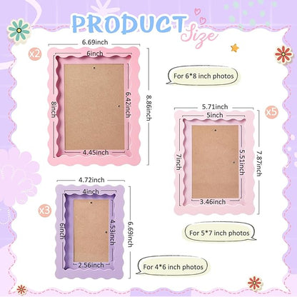 Wonderjune 10 Pack Colorful Scalloped Picture Frames for Girl Room Decor, 3 Sizes 4x6 5x7 6x8, Collage Gallery Wall Frame Set, Cute Curved Picture Frames for Wall or Desktop Display, Photo Walls