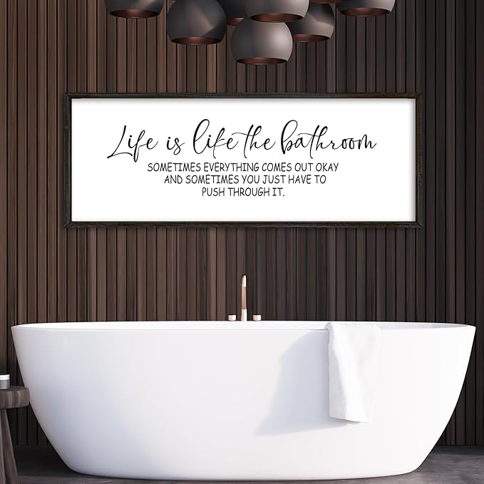Life Is Like The Bathroom Sign Funny Motivational Quote Wall Decor 32"×12" Large Wood Framed for Bathroom Restroom Wall Hanging Art (Black)