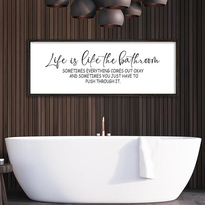 Life Is Like The Bathroom Sign Funny Motivational Quote Wall Decor 40"×15" Large Wood Framed for Bathroom Restroom Wall Hanging Art (Black)