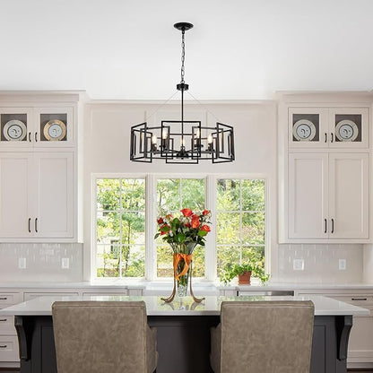 5-Light Black Geometric Chandelier,Height Adjustable Industrial Chandelier for Dining Room,Modern Farmhouse Chandelier Light Fixture over Table,for Bedroom,Living Room,Entryway,Bulbs Not Included