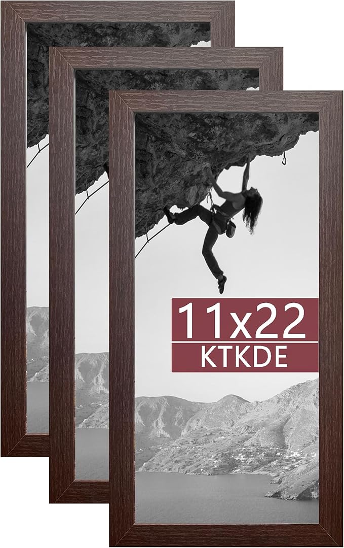 KTKDE 11x22 Poster Frame Woodgrain set of 3,11 by 22 Newspaper Frame with Polished Plexiglass,Studio Gallery Vertical & Horizontal Wall Hanging Large Picture Frame for Photos