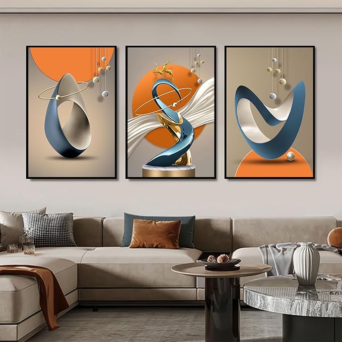 3 Pcs Modern Abstract Canvas Wall art Golden Deer Luxury Foil Lines Paintings Pictures Wall Decor White Blue orange color Grey posters Prints for Living Room Bedroom Office Home Decoration Unframed