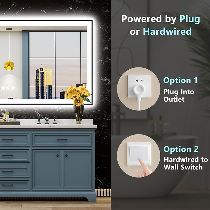 96x36 Black Framed LED Bathroom Mirror with Lights, Backlit and Front Lit Anti-Fog Lighted Vanity Mirrors for Bathroom Wall, Dimmable, 3 Colors, Memory, HD Tempered Glass, Horizontal/Vertical