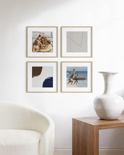HAUS AND HUES Beige Oak Wood 16x16 Picture Frames - Set of 4, Square Frames with Mat, Minimalist Frames for Photos and Posters (16x16 in, Beige, Set of 4)