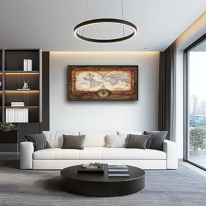 Large World Map Wall Art Vintage Maps Pictures Wall Decor for Office Abstract Farmhouse Oversized Canvas Painting Rustic Extra Large Framed Artwork for Bedroom Living Room Ready to Hang 30"x60"