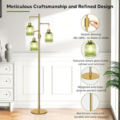 Modern Floor Lamps for Living Room, Glass Standing Lamp with Green Shade, Dimmable Ribbed Glass 3 Lights Floor Lamps, Mid Century Tall Lamp for Bedroom, 3 Bulbs Included