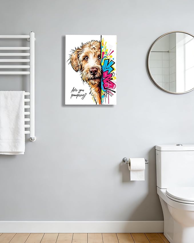12x16“ Funny Goldendoodle Dog Bathroom Wall Art, Are You Pooping? Graffiti Pet Canvas Print, Humorous Restroom Poster Decor for Bathroom Toilet, Modern Pop Art Dog Lover Picture (Framed)