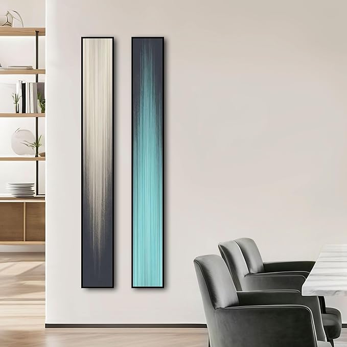 Large Framed Long Narrow Vertical Abstract Wall Art Set of 2, Premium Crystal Porcelain Canvas Prints, Teal Beige Modern Design - Perfect for Entryway, Hallway, Living Room, Bedroom - 10x63 inch