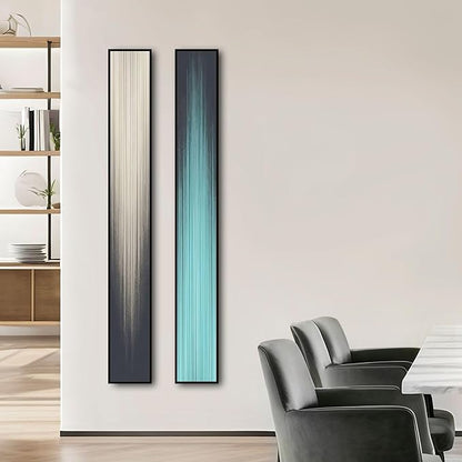 Large Framed Long Narrow Vertical Abstract Wall Art Set of 2, Premium Crystal Porcelain Canvas Prints, Teal Beige Modern Design - Perfect for Entryway, Hallway, Living Room, Bedroom - 10x63 inch