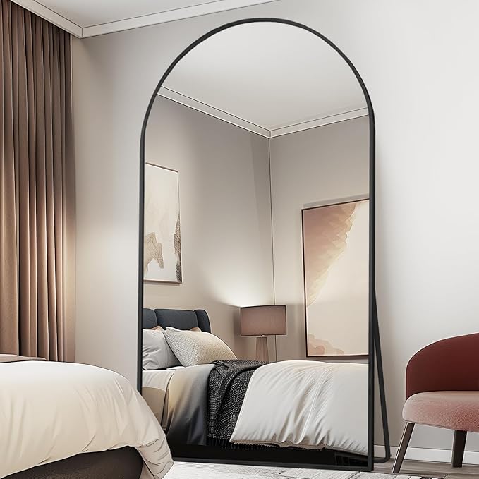 Beauty4U 76" x 37" Arched Full Length Mirror with Stand, Large Floor Mirror for Bedroom & Living Room, HD Tempered Glass Wall Mounted or Leaning Dressing Mirror, Black Metal Frame