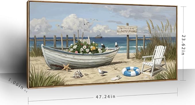 Large Framed Modern Canvas Wall Art, Natural Coastal Beach Landscape Print, Blue Seaside Scenery Decor Painting For Living Room Bedroom Dining Room Study Room, Ready To Hang 48X24 Inch