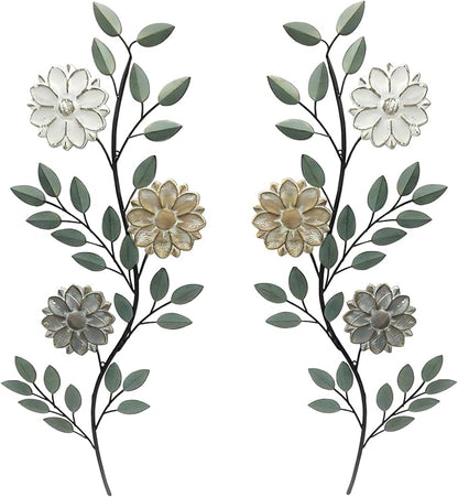 MorningRo 2 Pcs Metal Flower Leaves Wall Art Spring Wall Decor Living Room, 15.75 Inch Vintage Rustic Branch Leaf Wrought Iron Scroll Art Decor for Spring Bedroom Indoor Outdoor Decorations(Green)