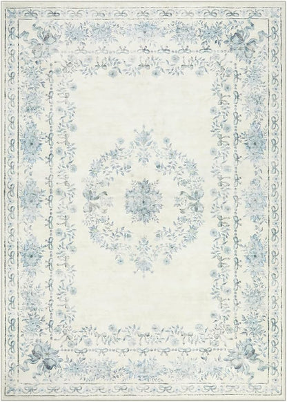 Wonnitar Bow Floral 5x7 Washable Rug, Blue Area Rug for Kids Room, Ultra-Thin Non Slip Soft Neutral Aesthetic Decor Carpet for Living Room Farmhouse Dining Room Office Playroom
