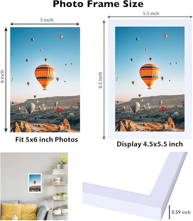 JCJMY 5x6 White Picture Frame Set of 6, Horizontal and Vertical Formats for Wall Hanging, 5 x 6 Wall Gallery Poster Photo Frames with Shatter Resistant Plexiglass, 6 Pack, White