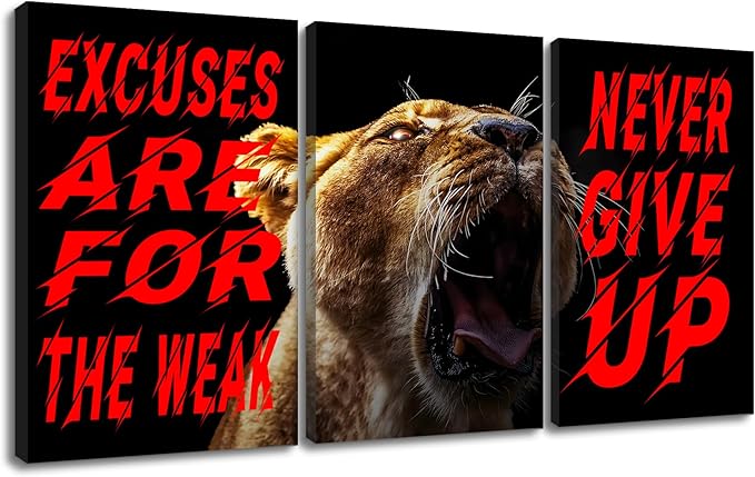 Motivational Wall Art Excuses Are for the Weak Poster Inspirational Quotes Never Give up Painting 3 Pieces Canvas Print Office Decor Inspiring Framed Decoration Ready to Hang [48''W x 24''H]