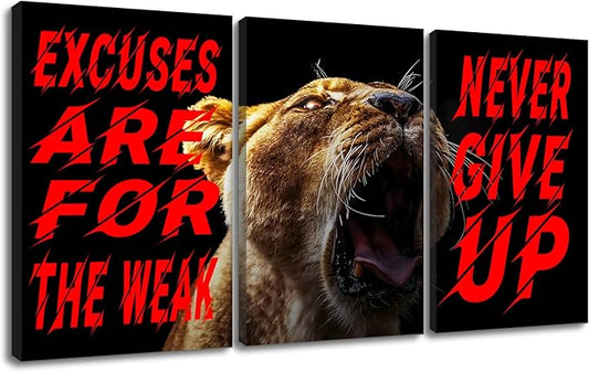 Motivational Wall Art Excuses Are for the Weak Poster Inspirational Quotes Never Give up Painting 3 Pieces Canvas Print Office Decor Inspiring Framed Decoration Ready to Hang [48''W x 24''H]