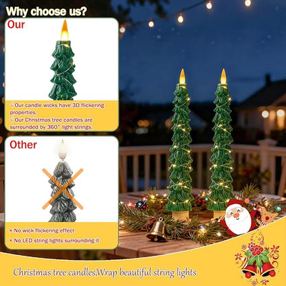 2-Pack Christmas Tree Flameless LED Candles with String Lights, Realistic 3D Flickering Flame, Remote Control, Battery-Operated Christmas Decorations for Home & Holiday Display