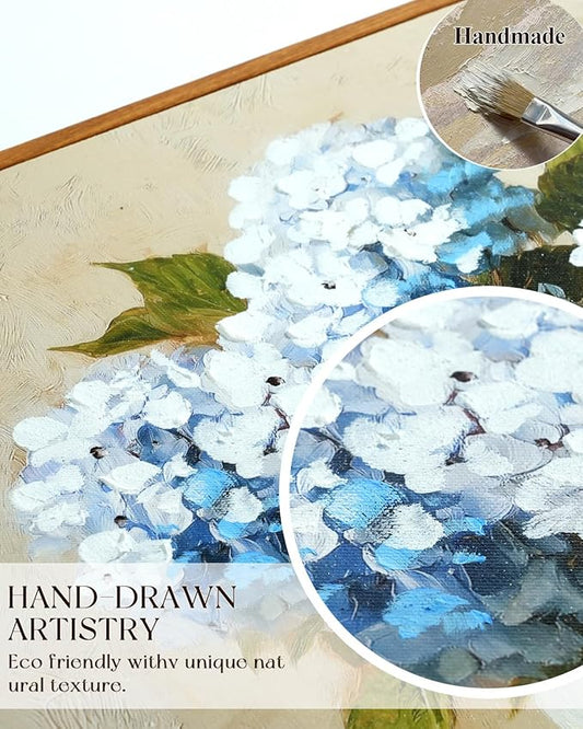 InSimSea Framed Canvas Art Hand-Painted Vintage Blue Hydrangea Art,16x24inch, Textured Floral Paintings Artwork Wall Decor for Living Dining Room Hallway, Classical Still Life Farmhouse Picture