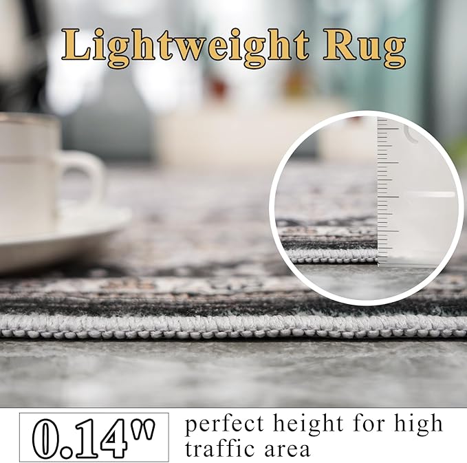 8x10 Rug Washable Area Rugs: Large Soft Living Room Rug - Distressed Stain Resistant Floor Carpet - Machine Washable Foladable Low Pile Area Rugs 8'x10' Black
