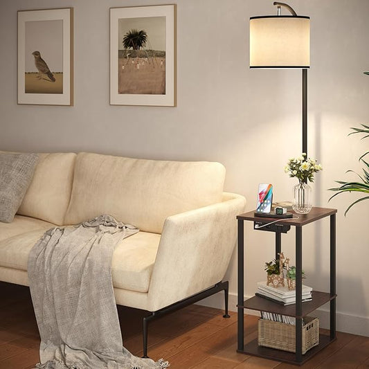SUNMORY Floor Lamp with Table, End Table for Living Room with Lamp, Shelves Side Table with Charging Station(USB & AC Port), 3 Color Temperature LED Bulb, Modern Nightstand Lamp for Bedroom, Office