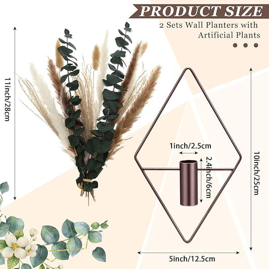 Jexine 4 Pcs Hanging Planters with Artificial Pampas Metal Hanging Vase Indoor Plants Holder Modern Geometric Boho Bathroom Wall Decor for Living Room Home Office, Bronze