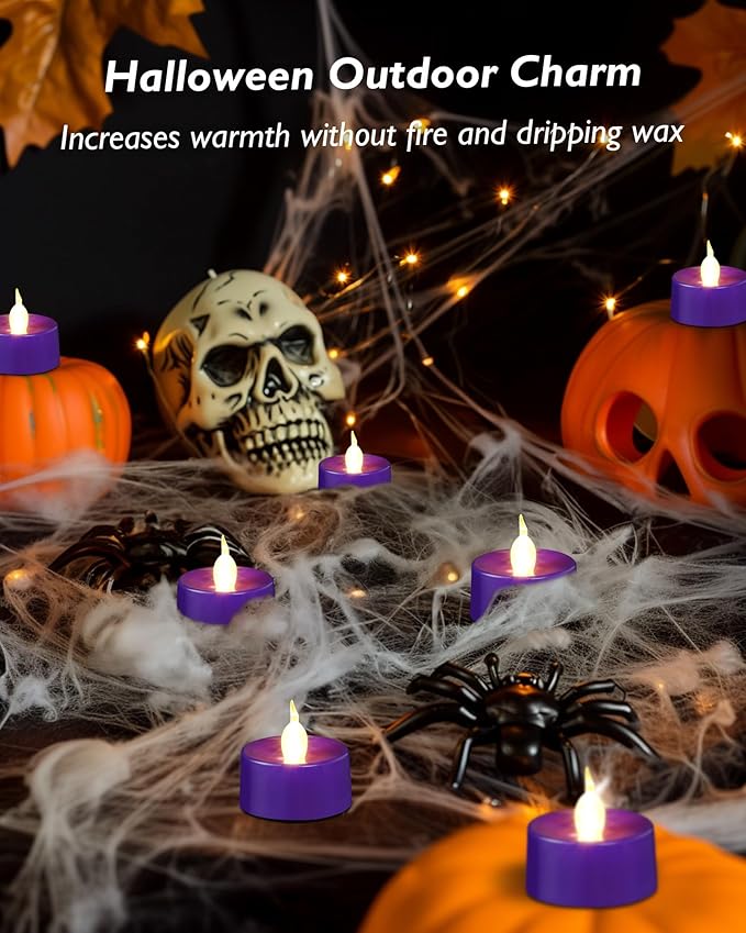 merrynights Purple LED Candles, 12 Pack Tea Lights Candles Battery Operated, Flameless Tealight Candle, Realistic Tea Lights for Halloween Christmas Party Decor Mardi Gras