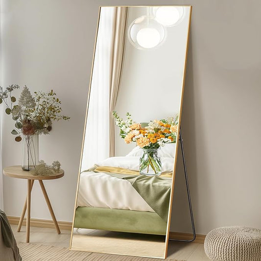 Sweetcrispy 64"x21" Full Length Mirror, Full Body Mirror with Aluminum Alloy Thin Frame, Leaning or Standing, Suitable for Bedroom, Livingroom, Cloakroom, Gold