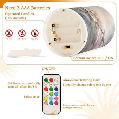 ALAZA Spring Cherry Blossom Flowers Flickering Flameless Candles Battery Operated with Remote Timer,Tea Light Candles LED Pillar Votive Candles Set of 2 for Outdoor Indoor Decorations