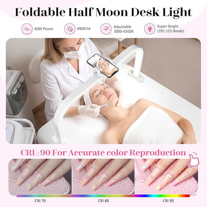 LIONVISON Half Moon Light for Nail Desk: 29" Larger Arch Nail Light for Nail Tech - Foldable Half Moon Nails Desk Lamp with Phone Holder for Home Salon - 3 Color Modes & 10 Brightness for Beginner