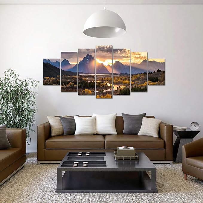 iKNOW FOTO XLarge Canvas Set of 7 Wall Art Grand Teton National Park in Autumn in Wyoming USA Landscape Picture Prints Painting Scenery Wall Decor for Home Decorations 70x32 Inches
