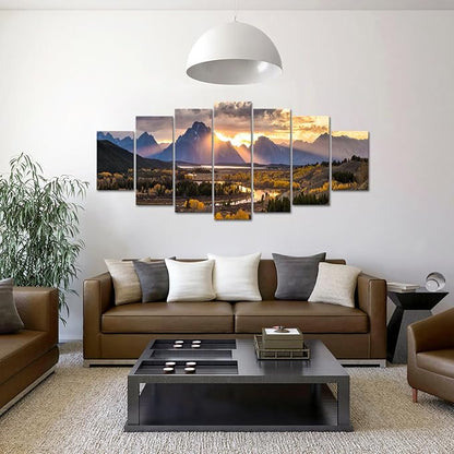 iKNOW FOTO XLarge Canvas Set of 7 Wall Art Grand Teton National Park in Autumn in Wyoming USA Landscape Picture Prints Painting Scenery Wall Decor for Home Decorations 70x32 Inches