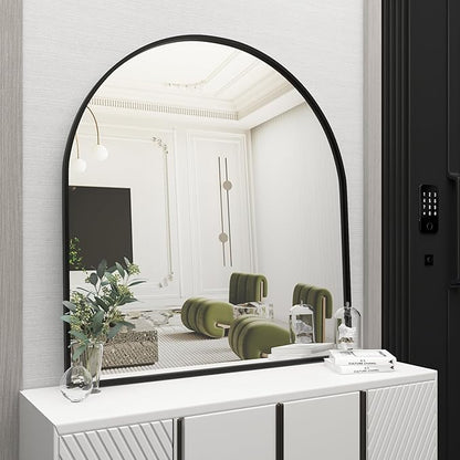Wall Mounted Mirror, Arched Wall Mirror for Bathroom, 33"x31" Arch Bathroom Mirror with Metal Frame, Black Vanity Mirror Decor for Mantle, Bedroom, Entryway