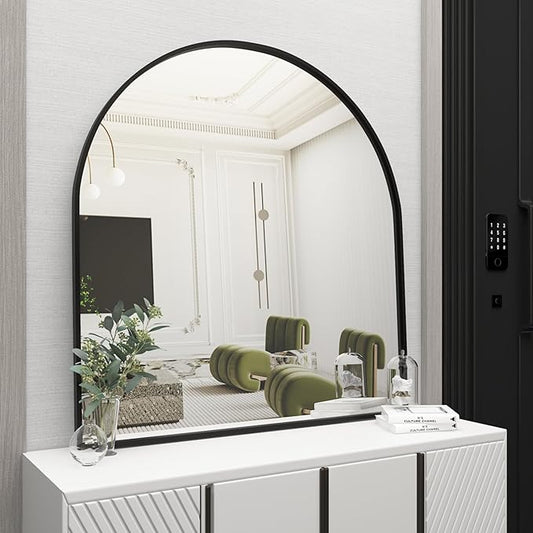 Wall Mounted Mirror, Arched Wall Mirror for Bathroom, 33"x31" Arch Bathroom Mirror with Metal Frame, Black Vanity Mirror Decor for Mantle, Bedroom, Entryway