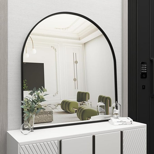 Wall Mounted Mirror, Arched Wall Mirror for Bathroom, 33.5"x29.5" Arch Bathroom Mirror with Metal Frame, Black Vanity Mirror Decor for Mantle, Bedroom, Entryway