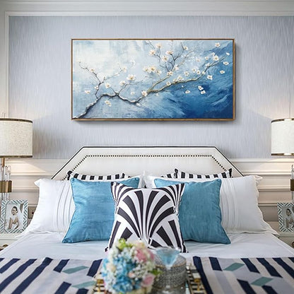 Nicetop Framed Wall Art for Living Room - Large Plum Blossom Canvas Art Prints with Wood Frame - Blue and White Artwork Abstract Ocean Wall Picture Bedroom Office Dining Room Coastal Decor 48x24 Inch