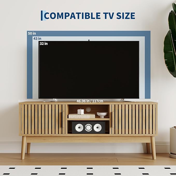 GarveeHome Boho TV Stand for TVs Up to 50 Inch, Modern Mid-Century Entertainment Center with Fluted Wood Doors & Open Shelves, Media Console Table for Living Room & Small Spaces