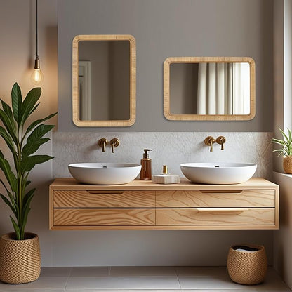 FUIN 20" x 30" Rattan Wicker Rectangle Wall Mounted Bathroom Mirror for Coastal Boho Nursery Decor, Natural