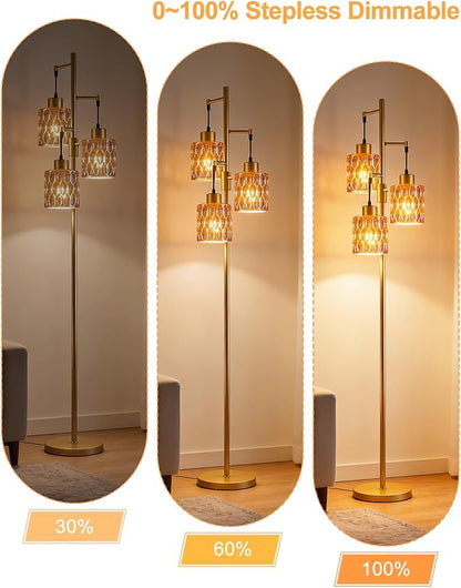 3-Light Modern Glass Floor Lamp, Gold Standing Tall Lamp with Amber Cylinder Glass Shade for Reading, Dimmable LED Floor Lamp with 5Lbs Heavy Base for Living Room Bedroom Home Decor, Bulb Included