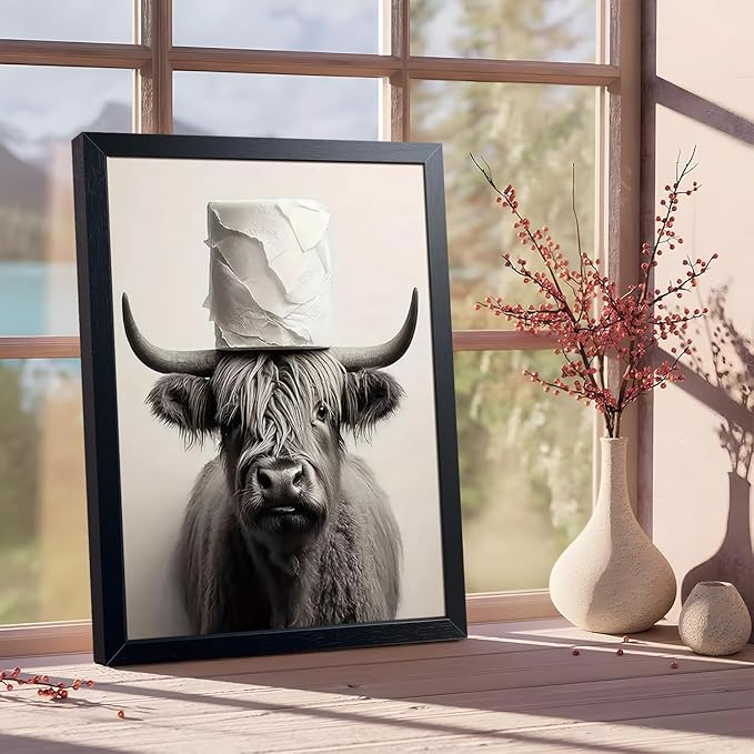 ARKZSHO Black and White Bathroom Wall Art, Funny Highland Cow Canvas Poster Print Picture, Modern Farmhouse Wall Decor Painting, Cute Animal Bathroom Restroom Home Decoration 12x16 Inch Wood Framed