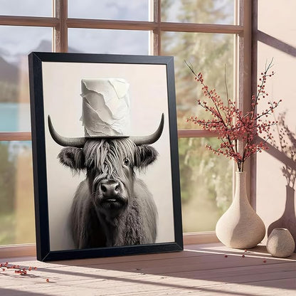 ARKZSHO Black and White Bathroom Wall Art, Funny Highland Cow Canvas Poster Print Picture, Modern Farmhouse Wall Decor Painting, Cute Animal Bathroom Restroom Home Decoration 12x16 Inch Wood Framed