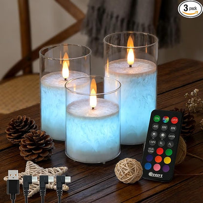 LEDHOLYT Rechargeable Ice Crystal Glass Flameless Candles, RGB Color Changing Realistic Flickering Flameless Candles with Remote & Timer,Best Festival Wedding Home Party Decor - Set of 3