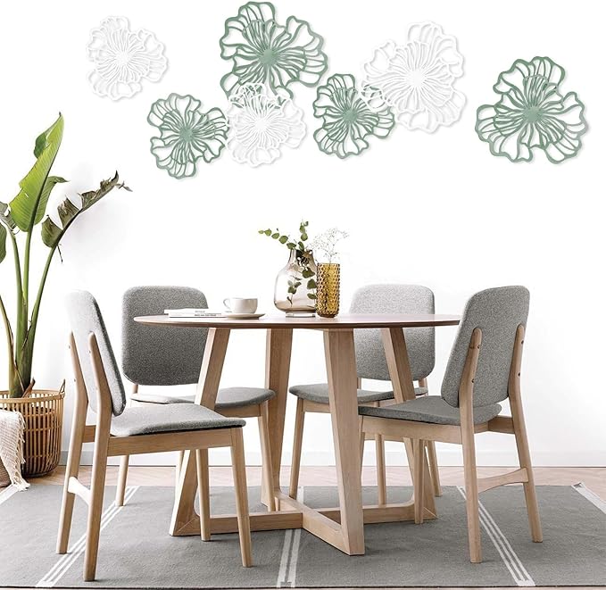 7 Piece Metal Wall Decor for Living Room, Boho Double Layered Iron Flower Wall Hanging Art, Aesthetic Indoor Metal Wall Sculpture Decor for Bedroom Kitchen Bathroom Farmhouse Home Office, Green-White