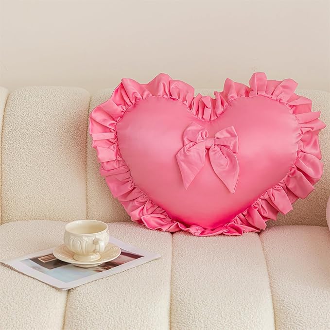 MOJUN Heart Pillow, Heart Shaped Throw Pillow Pink Ruffle Design Love Bow Pillow Home Decorative Pillows Cushion for Sofa Living Room Bed Chair Wedding Gifts Pillows