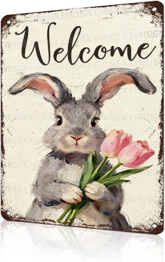 Funny Bunny Tulip Welcome Metal Sign Easter Spring Decor Rabbit Lovers Gift Rustic Farmhouse Wall Art For Home Porch Entryway 12x16Inch