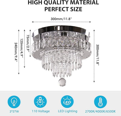11.8" Dimmable Crystal Chandelier Crystal Ceiling Light Modern Chandeliers Flush Mount Ceiling Light Lamp Fixture for Dining Room Living Room Bedroom Hallway Remote Control