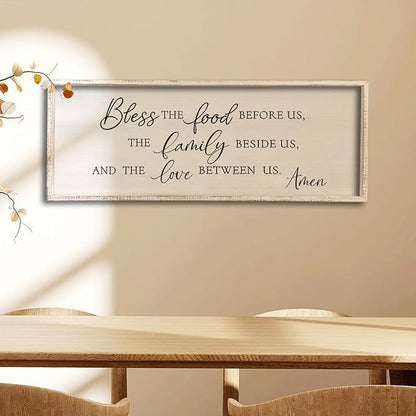 Bless the Food Before Us Wall Decor Sign 40" X 15" Dining Room Wall Decor Framed Wood for Large Farmhouse Vintage Prayer Catholic Kitchen Wall Hanging Scripture Bible Verse Art (White)