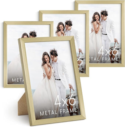 HAUS AND HUES 4x6 Gold Metal Picture Frames - 4X6 Photo Frames - Features Premium Aluminum, Vertical Hanging, Easel Back for Tabletop, Home, Office (4x6 in, Gold, Set of 4)