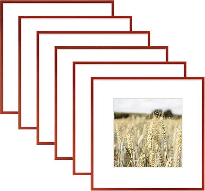 Golden State Art 12x12 Picture Frame 6 Pack - Dark Red Aluminum Photo Frames With 8x8 Mats and Real Glass Cover - Elegant Minimalist Wall Gallery Frames for Home or Office Decor