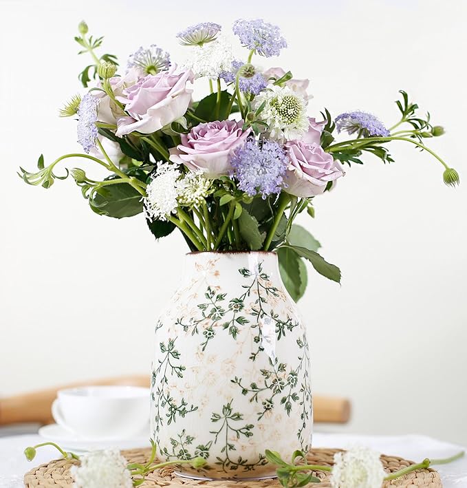 Vintage Green Ceramic Decorative Floral Vase for Flower Bouquet centerpieces Beige Ice Glazed Crack Farmhouse Rustic for Home Decor, Living Room, Shelf, Office, Table 7.7 Inches with Vine Pattern